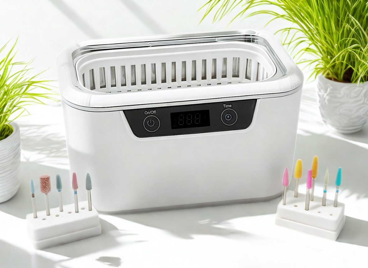 Cyfrowa myjka ultradźwiękowa do czyszczenia frezów, ustawiona na stole w otoczeniu roślin i zestawu kolorowych frezów do manicure – estetyczna aranżacja salonowa