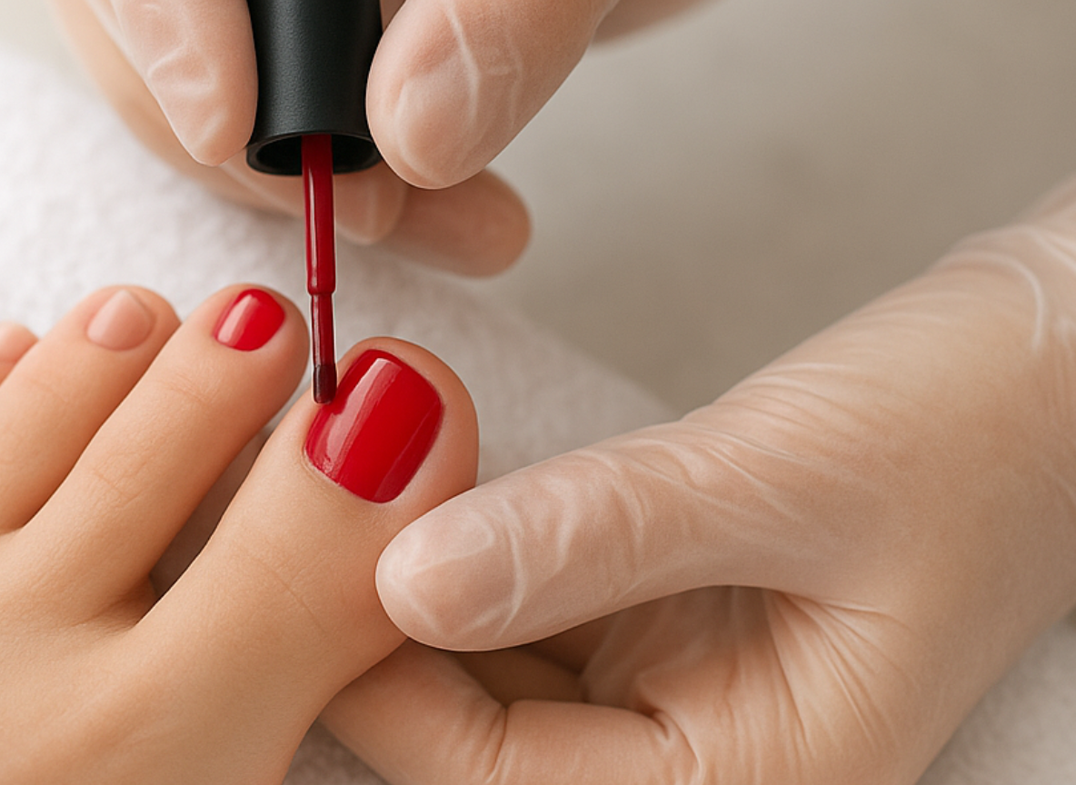 Pedicure hybrydowy aplikacja klasycznego czerwonego lakieru na dużym palcu u stopy w profesjonalnym salonie