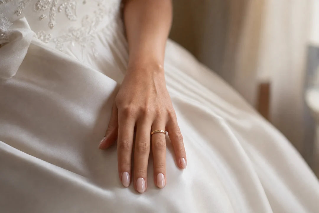 Dłoń panny młodej z obrączką i mlecznym manicure ślubnym na jedwabnej sukni