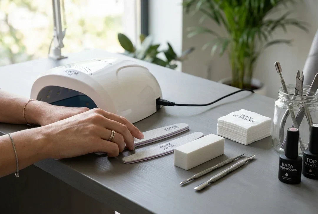 Stanowisko do manicure hybrydowego przygotowane krok po kroku przed aplikacją.