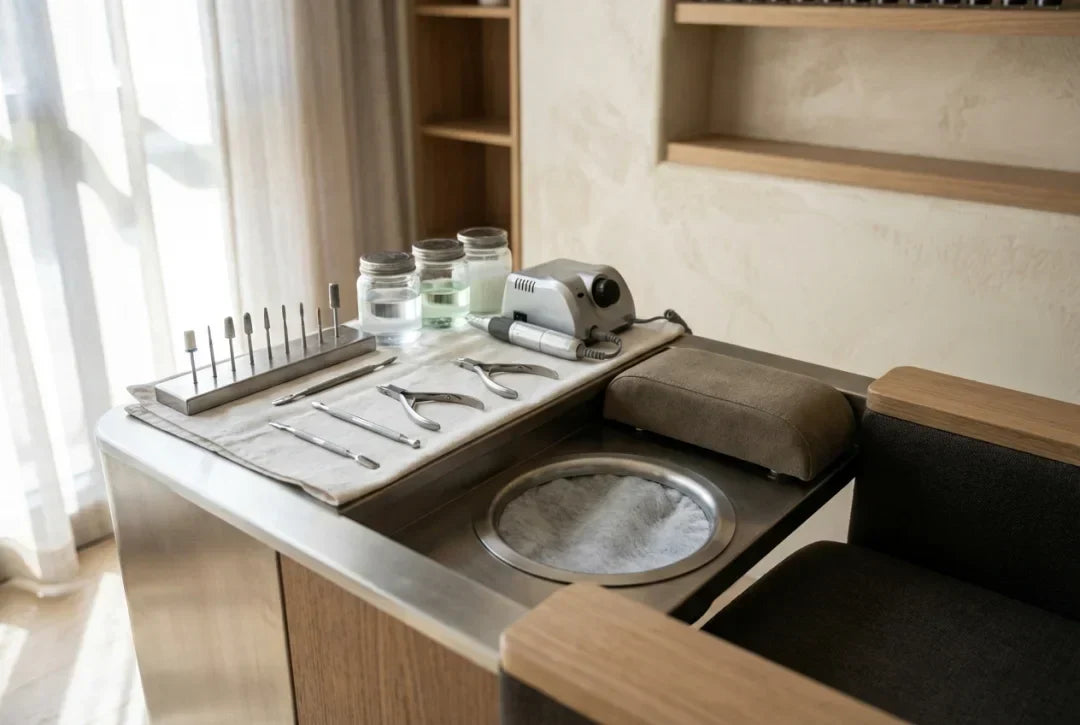 Stanowisko do pedicure frezarkowego przygotowane zgodnie ze standardem gabinetowym.