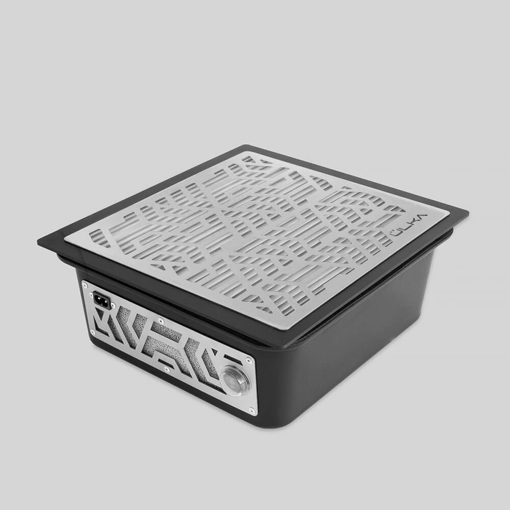 Pochłaniacz pyłu ÜLKA Premium do zabudowy w kolorze czarnym z metalową kratką i panelem bocznym.